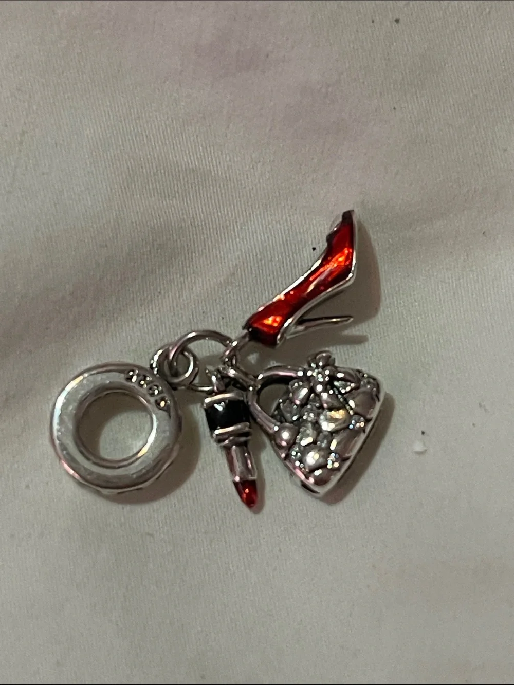 Sterling Silver 925 Red High Heel & Lipstick & Purse Charm Pendant